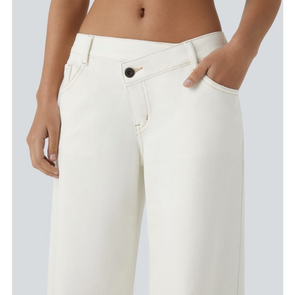 Halara off white asymmetrical low rise waist soft denim wide leg jeans, new - Picture 5 of 9